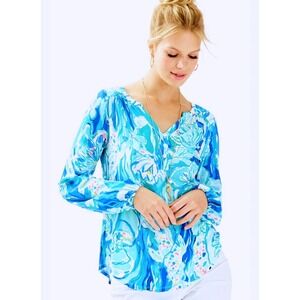 Lilly Pulitzer LILIAS‎ Aquatic Garden Tunic Top Small Elastic Sleeve Blue